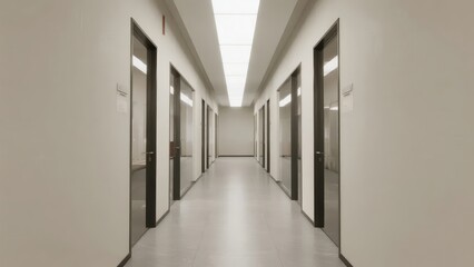 a modern and minimalist office corridor. The simple space, regular doors and windows, and soft light create a neat and professional office environment atmosphere.
