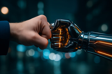 A futuristic robotic fist and a human hand are bumping, a symbol of human-robot collaboration, teamwork, and the harmonious integration of advanced technology into society