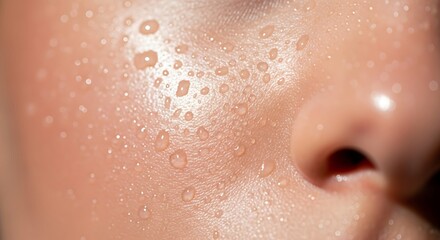Close-up of Sweaty Skin with Water Droplets on a Human Face