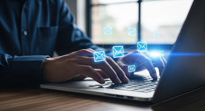 Closeup shows a man typing on laptop with glowing email envelope connections - Powered by Adobe