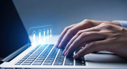 Human hands type on a laptop keyboard with user profiles glowing in the background