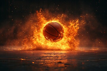 Basketball engulfed in intense orange and yellow flames on dark court fire burning