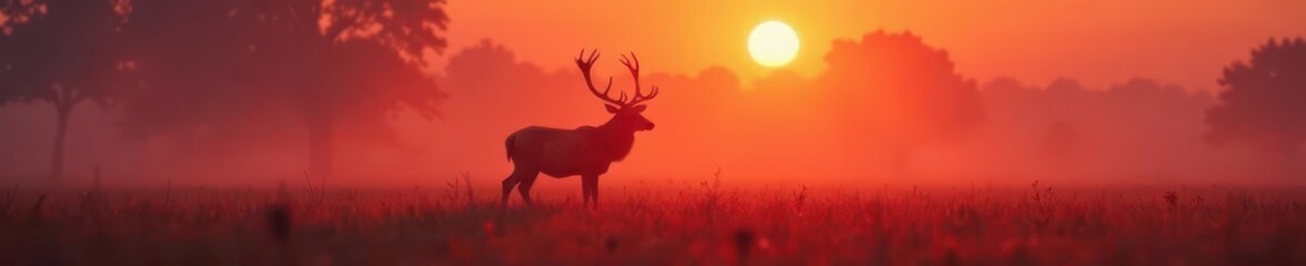 Obraz premium Imposing red deer in misty field, sunrise light illuminating antlers, mist, beautiful, fog