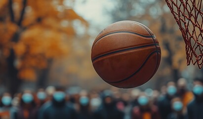 Basketball mid air approaching net with blurred crowd wearing face masks sport game