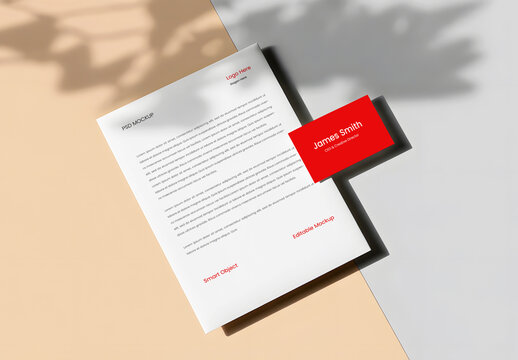 Letterhead And Business Card Mockup With Red Accents