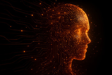 conceptual image of a human head in profile made of glowing orange and yellow circuit board lines, representing digital intelligence and artificial consciousness