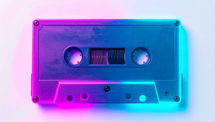 Obraz premium Vivid neon pink and blue light illuminates a vintage analog audio cassette tape, evoking a nostalgic retro music aesthetic