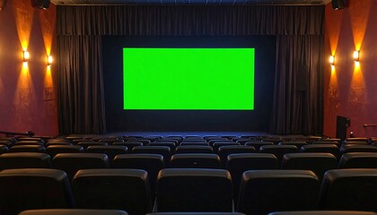 Empty Cinema with Green Screen and Warm Sconce Lighting, Ready for Film