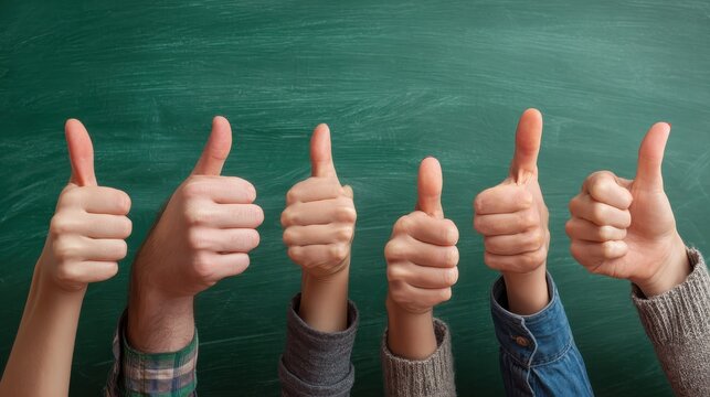 close up view of the hands of a group of people giving a thumbs up gesture of approval an success with their hands raised against a blank green chalkboard with copyspace no logos no brands ar 169