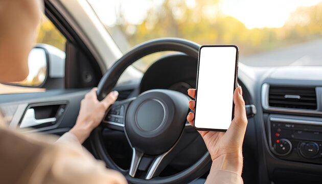 A car driver, holding the steering wheel with one hand while looking at a blank smartphone screen with the other hand.