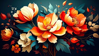 A vibrant bouquet of stylized flowers in rich orange, cream, and teal tones, set against a deep teal background, creating a captivating floral composition.