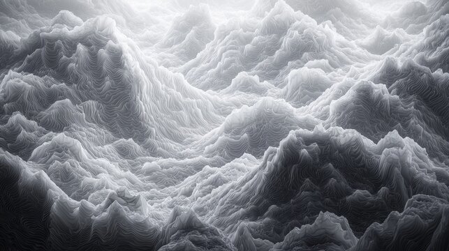 A digital art piece depicting a complex, abstract pattern of white and black lines.