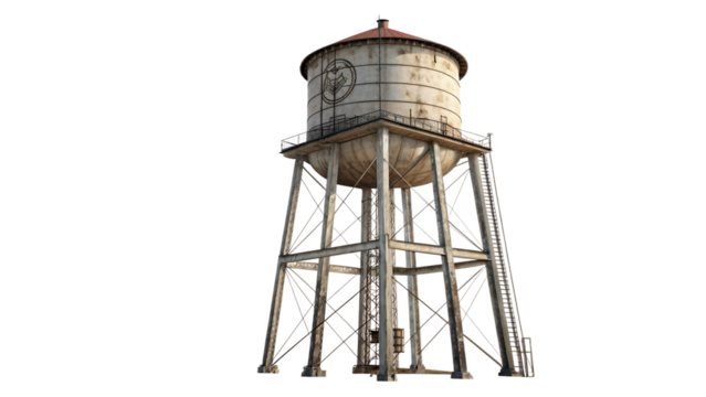 Old and rusty water tower isolated on transparent background, a vintage landmark with a rural charm and industrial architecture