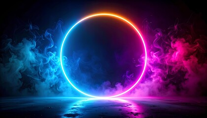 abstract background with neon glowing circles and smokes on dark background