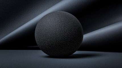 A black sphere with a textured surface sits on a dark gray surface, casting a shadow.