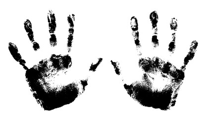 Hand print with left and right palm. Grunge black kids handprint isolated