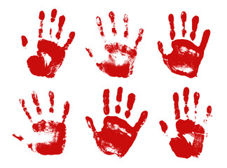 Bloody hand print silhouettes set. Grunge red handprint isolated