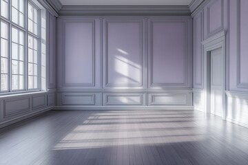 An elegant, sun-drenched interior room boasts pale lavender walls and light gray moldings, creating a serene and spacious ambiance.