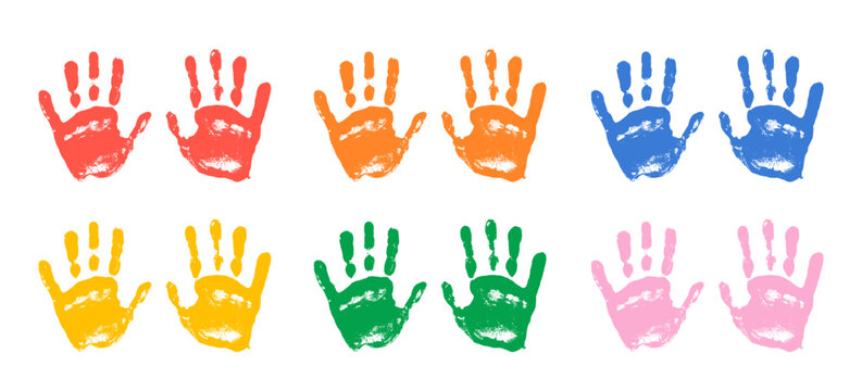 Colorful child handprint collection. Left and right hand print set