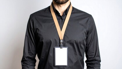 Man in Black Shirt with Blank ID Badge, Neutral Background, Corporate Identity.