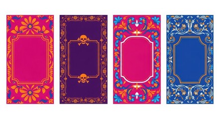 Four decorative ornate frames with floral and skull motifs in vibrant colors, suitable for invitations or cards