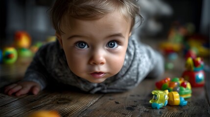 Obraz premium Crawling baby on wooden floor colorful toys indoor close-up