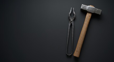 Vintage blacksmith hammer and tongs on a dark textured background, symbolizing traditional craftsmanship, manual labor, and the art of forging