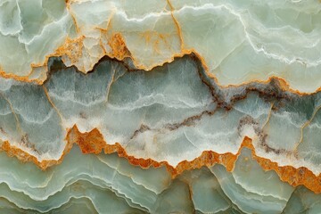 A detailed close-up view of intricate patterns and veining in a light sage green onyx stone.