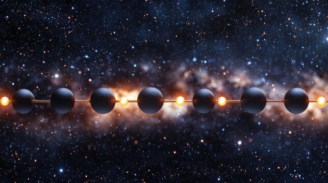 A digital illustration of a galaxy with a row of glowing spheres.
