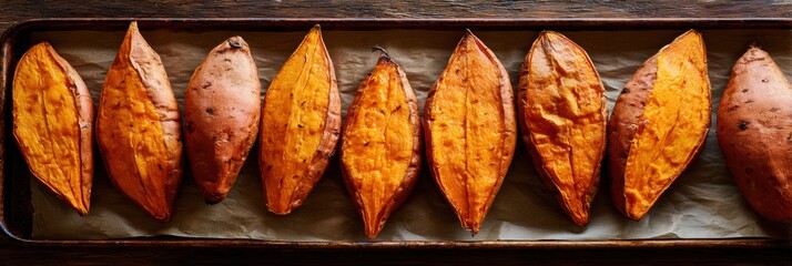 Sweet Potatoes Roasted to Perfection on a Baking Tray in a Warm Kitchen Setting During the Fall Season