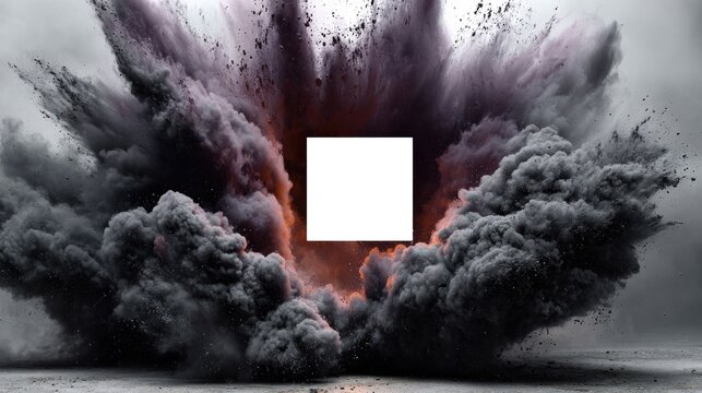 White square amidst a dark, swirling, explosive cloud of powder