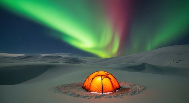 Solitary Illuminated Orange Tent Under a Green Aurora Borealis in a Vast Winter Landscape.