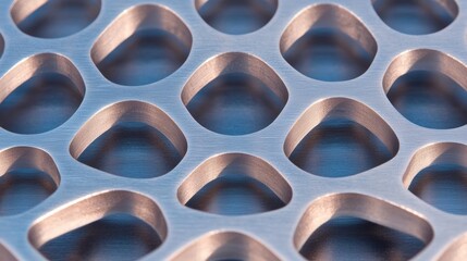 A close-up view of a metallic lattice with a repeating pattern of diamond-shaped openings.