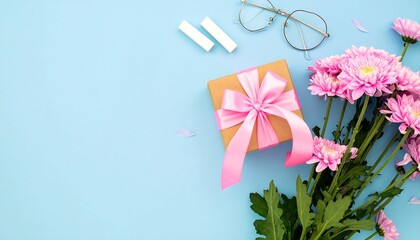 Obraz premium Pastel Blue Still Life: Gift Box, Pink Chrysanthemums, and Stylish Eyeglasses
