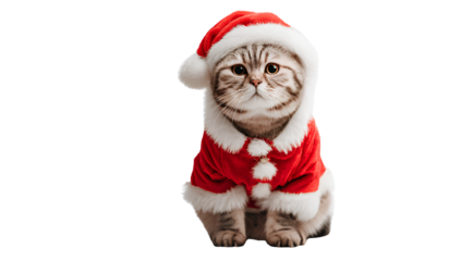  cute cat wearing a santa claus costume, isolated on a transparent background. 