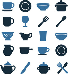 Flat kitchen and food icons set featuring cups, bowls, plates, utensils, and cookware. Perfect for restaurant menus, cafe branding, food apps, culinary projects, and modern kitchen designs.
