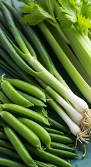 Fototapeta premium Photo Of Fresh Green Vegetables Including Peas Onions And Celery Closeup