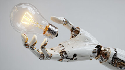 Futuristic robot hand holding a glowing light bulb, symbolizing innovation