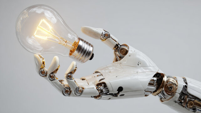 Futuristic robot hand holding a glowing light bulb, symbolizing innovation