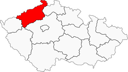 Map of the Czech Republic highlighting the Ústí nad Labem Region. Ideal for projects on its industrial heritage, the Elbe River, and scenic Ore Mountains.