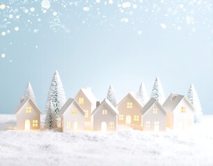 Illuminated paper houses in a snowy village scene, softly lit against a pale blue background