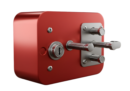 Isolated 3D Render of a Red Security Lock with Metallic Components on Transparent Background