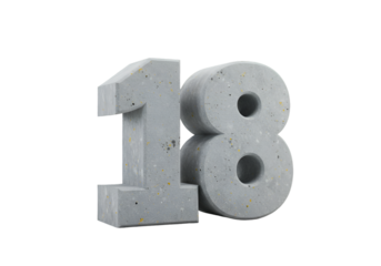 Isolated 3D Render of Concrete Number Eighteen Against Black Background