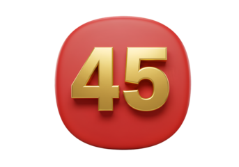 Isolated 3D Render of Golden Number 45 on a Red Circle Background