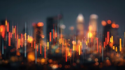 abstract glowing big data forex candlestick chart on blurry city backdrop trade technology investment and analysis concept double exposure no logos no brands ar 169