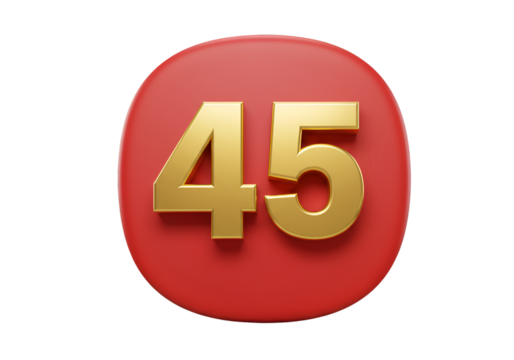 Isolated 3D Render of Golden Number 45 on a Red Circle Background