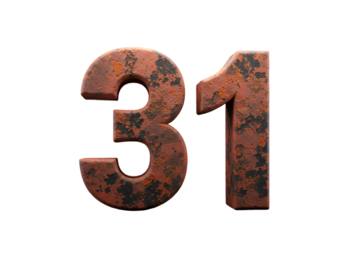 Isolated 3D Render Of Rusty Number Thirty One Against Black Background - Powered by Adobe