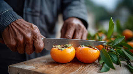 Hands of an individual slicing fresh oranges on a wooden cutting board, surrounded by vibrant green leaves, showcasing the art of food preparation and culinary skills