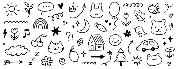 Kid icon hand drawn set. Cute flower, heart, cloud and tree icon with playful kid sketch style. Summer hand drawn pattern cartoon bird, doll, house and sweet plant element. Vector illustration