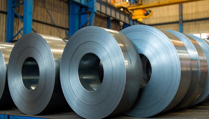 Stacked metal coils in a warehouse, showcasing industrial strength and precision.